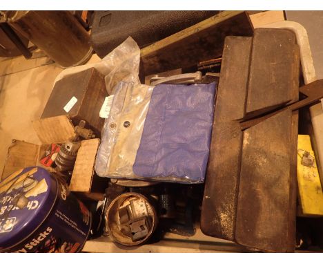 Box of vintage tools, clamps, gauges and a block plane. Not available for in-house P&amp;P, contact Paul O'Hea at Mailboxes o