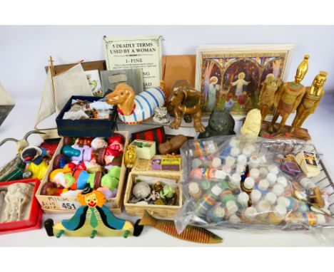 A lot to include a German Handgemalt ceramic dog figure. Dolls house miniatures including barrels, pheasants, plates, and sim