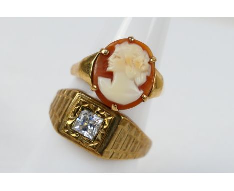 Two 9ct yellow gold rings comprising a stone set signet ring, size Q and a cameo ring, size I+½, approximately 4.8 grams. [W]