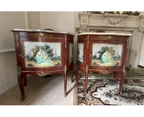 A pair of single door, mahogany veneered, brass mounted cabinets with removable marble tops and painted decoration, one conve