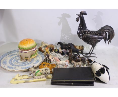 Collectables to include a large metal rooster sculpture, 46 cm (h). A canteen of silver plated cutlery, forks and knives. A l