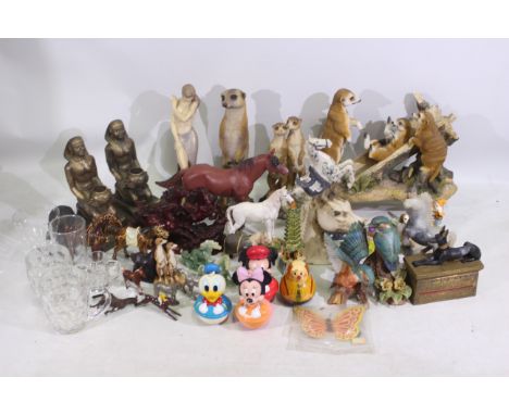 A mixed lot consisting of horse figures, meerkat figures, glassware, and similar. Figures include a Chad Valley metal playwor