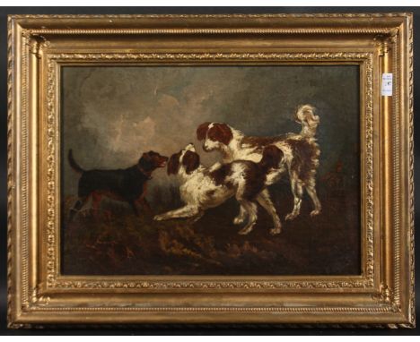 19th Century, hunting dogs in a landscape, oil on canvas, 12" x 17" (30 x 43cm).