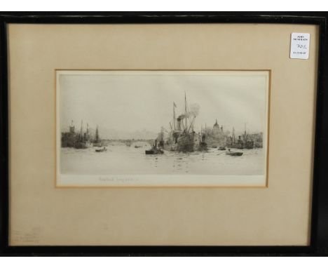ROWLAND LANGMAID. Etching, shipping on The Thames, signed in pencil. 5" x 9.75" (12 x 25cms) Plate.