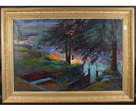 P. BRAY (20TH CENTURY) ENGLISH. Trees and walkway beside a lamp lit scene. Signed. Oil on canvas. 24" x 36" (60 x 90cms).