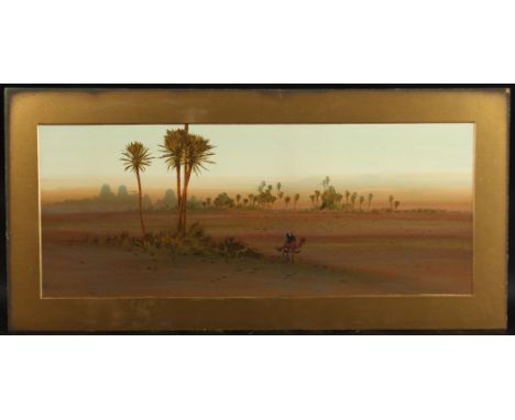CIRCLE OF ROBERT MURDOCH-WRIGHT. Watercolour, lone figures by a dessert oasis at sunset, (unframed). 9" x 23" (23 x 59cms).