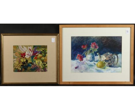 BONITA BOELLA. Watercolour and gouache, still life with teapot, lemon and poppies in a pot, signed, and a floral collage by a