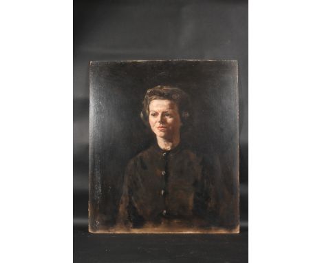 GEORGE WEISSBORT (1928-2013). Portrait, head and shoulders of a lady, wearing a four-button jumper. Signed, oil on board. 29"