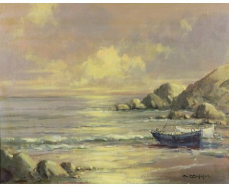 George K. Gillespie, R.U.A. (1924-1995)   “Sunset Seascape with boats on the Shoreline”, O.O.C., approx. 42 x 50cms (16” x 20