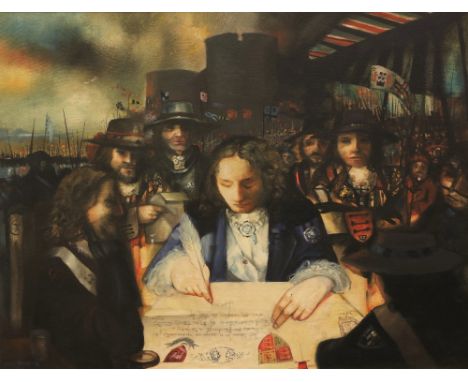 John Shinnors&nbsp;(b.1950) c. 1991 “Patrick Sarsfield Signing the Treaty of Limerick,” oils on canvas, Signed lower left ‘Jo