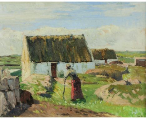 Charles Vincent Lamb, RHA, RUA (1893-1964) "West of Ireland Cottages," O.O.B., depicting landscape scene with elderly female 