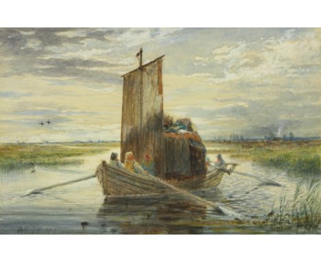 Erskine Nicol, RSA, ARA (1825-1904)  "Bringing Home the Turf, Co. Westmeath," watercolour, depicting figures in a boat with f