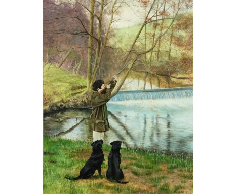 Sue Warner, 21st Century  "Out Hunting," O.O.P., landscape with man holding gun aloft and two black labradors at his feet, by