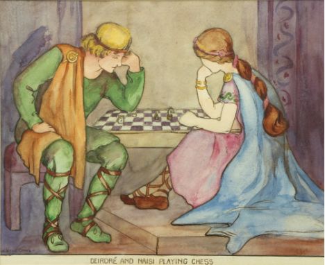 Kathleen Ennis, 20th Century Irish School  "Deirdre and Naisi Playing Chess," watercolour, depicting male and female figures 