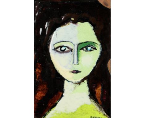 Paulo Santini, Italian (1929-2020)  "Head of Girl," enamel on copper, abstract head and shoulders, approx. 22cms x 14cms (8 1