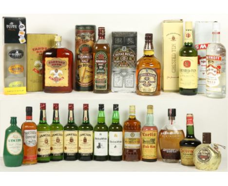 Whiskies, Scotch etc:&nbsp; A collection to include Jameson, Black &amp; White, Bushmills and other Liquors&nbsp;and Spirits,