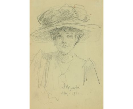 John Butler Yeats, RHA (1839-1922)  "Smiling Lady in a Hat," pencil sketch, depicting profile of an attractive young lady wea