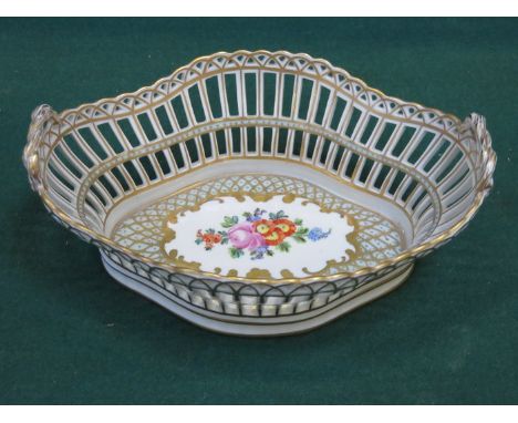 DRESDEN HANDPAINTED AND GILDED FLORAL DECORATED PIERCEWORK TWO HANDLED CERAMIC BASKET 