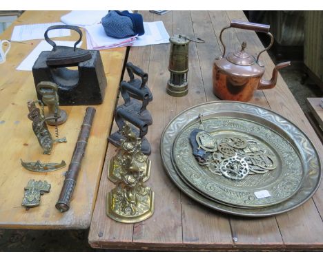 SUNDRY LOT INCLUDING COPPER KETTLE, BRASSWARE, CHINESE SCROLL HOLDER, MINER'S LAMP, FLAT IRONS, ETC. 