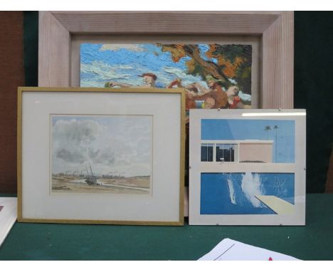 DAVID HOCKNEY, GILT FRAMED PRINT AND ANOTHER PRINT BY BEHREND.  ALSO ORNATE GILT PICTURE FRAMED 