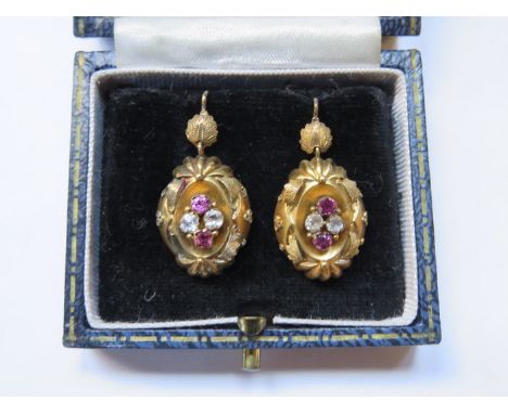 PAIR OF UNHALLMARKED VICTORIAN STYLE DROP EARRINGS SET WITH AMETHYST AND CLEAR STONES 