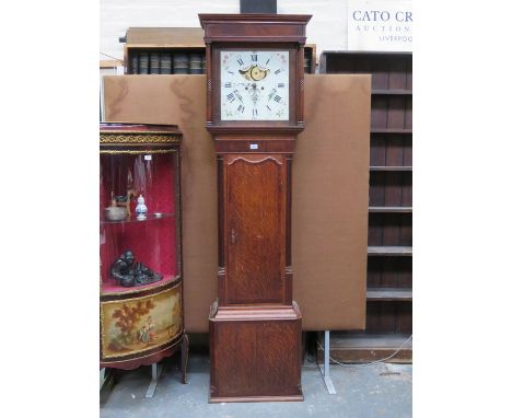 OAK CASED LONGCASE CLOCK WITH HANDPAINTED ROLLING MOON DIAL BY MAJOR SCHOFIELD, SALEFORD, FOR RESTORATION 