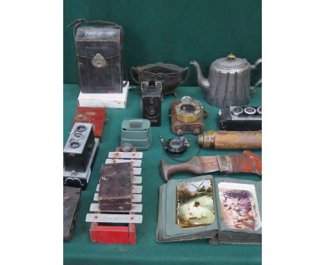 SUNDRY LOT INCLUDING CAMERAS, MINERS' LAMP, XYLOPHONE, ALBUM OF POSTCARDS, ETC. 