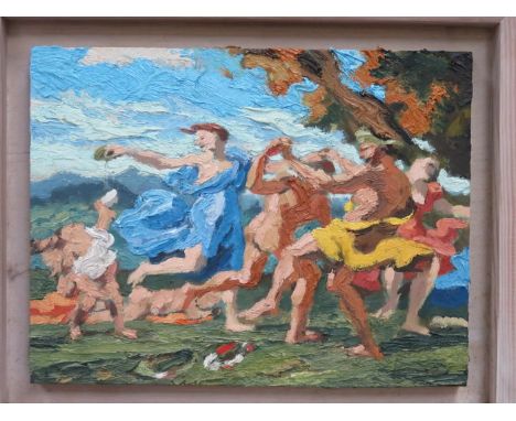 MIKE KNOWLES, FRAMED OIL ON PANEL- POUSSIN STUDY VI, APPROXIMATELY 32.5cm x 41cm 