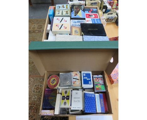TWO BOXES CONTAINING LARGE QUANTITY OF VARIOUS VINTAGE PLAYING CARDS INCLUDING VARIOUS SHIPPING LINES, DISNEY, ORIENT EXPRESS