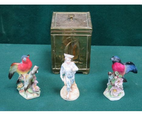 VINTAGE BRASS TEA CADDY, CONTINENTAL FIGURINE AND TWO ADDERLEY CERAMICS BIRDS 