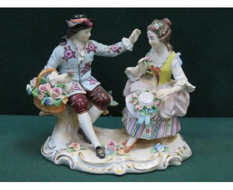 SITZENDORF HANDPAINTED AND GILDED CERAMIC FIGURE GROUP, APPROXIMATELY 13cm HIGH 