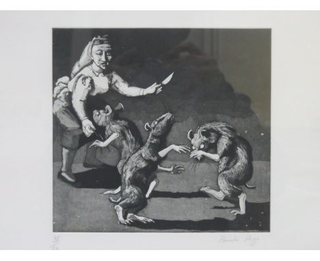 PAULA REGO, FRAMED PENCIL SIGNED LITHOGRAPH- THREE BLIND MICE, No.38/50, APPROXIMATELY 21cm x 22cm 