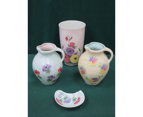 FIVE PIECES OF RADFORD POTTERY INCLUDING TWO JUGS, RECEIVER AND WALL POCKET 