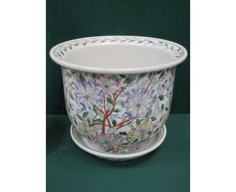 FLORAL DECORATED CERAMIC PLANTER WITH TRAY, APPROXIMATELY 25cm HIGH