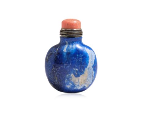 A LAPIS LAZULI SNUFF BOTTLE 19th Century, blue, white and gold tones, ovoid form with slightly fluted neck, coral stopper, st