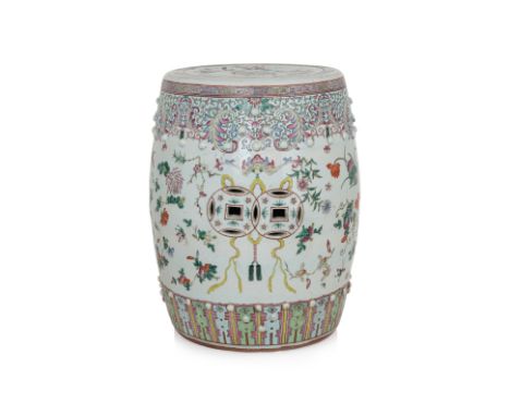 A FAMILLE ROSE PORCELAIN DRUM STOOL
Late Qing, drum-form with pierced lucky cash-coins to each side, single pierced coin to s