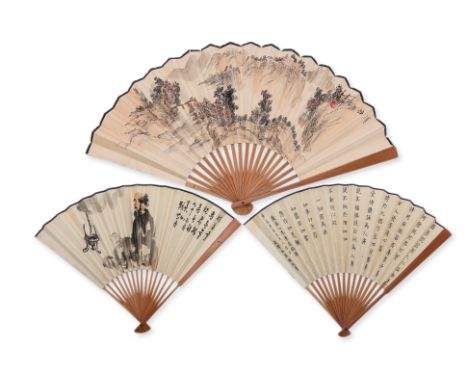 CHINESE SCHOOL - THREE FAN PAINTINGS
20th century, ink and colour on paper, landscape painting, seal mark and inscription to 