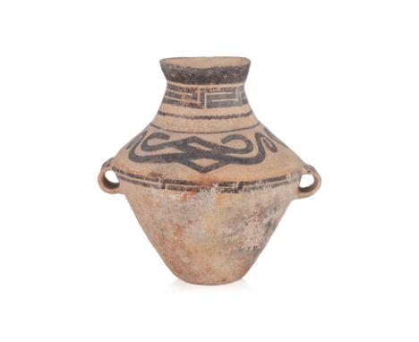A NEOLITHIC PERIOD JAR
Xindian culture, earthenware in ovoid form with oblique shoulders and flanged neck, wide loop lugs at 