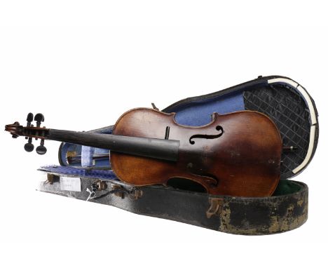 VIOLIN BY FRANZ HELLalong with a bow and case, 60cm long