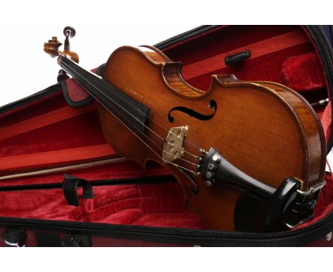 19TH CENTURY THREE-QUARTER SIZED VIOLINwith curled two-piece 13 inch back, printed label reading 'Reconstructed by D.C. Ramsa