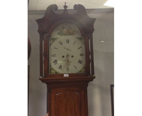 LATE GEORGE III SCOTTISH LONGCASE CLOCKthe hood with swan neck pediment and blind fretted panels enclosing an arched painted 