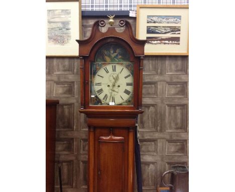 MID 19TH CENTURY SCOTTISH LONGCASE CLOCKthe hood with swan neck pediment enclosing an arched painted enamel dial with Roman a