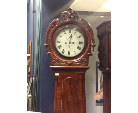 MID 19TH CENTURY WEST COAST LONGCASE CLOCK the the hood decorated with outset scrolling leafage enclosing a circular dial wit