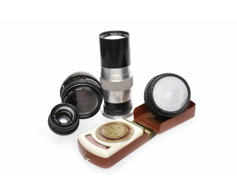 LOT OF CAMERA LENSEScomprising: Pullin Projection Pulnar f/2.8, 100mm, no.46750, SMC Pentax-M 1:2.8, 28mm, SMC Pentax-M 1:2, 