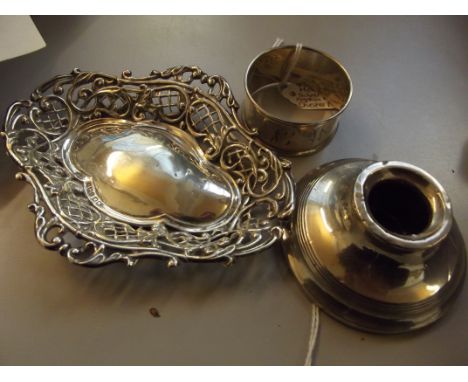 Silver bonbon dish, silver inkwell, together with a silver napkin ring each hallmarked 