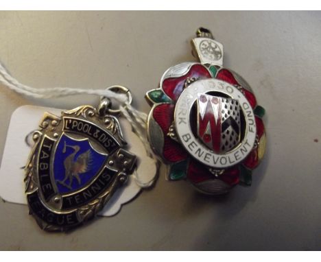 Silver enamel fob 'Liverpool and district table tennis leage' together with a silver hallmarked 'Benevolent Fund' badge 