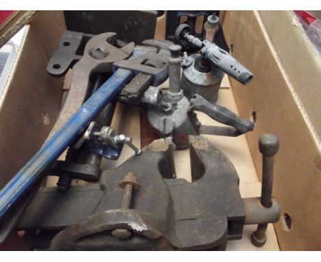 Various tools to include two bench vices, blow lamps etc 