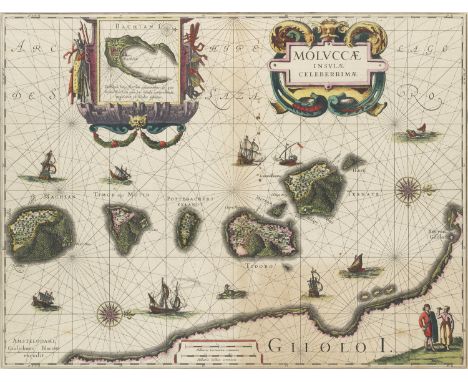 Indonesien - - Wilhelmus Blaeu. Moluccae Insulae Celeberrimae. Kolorierter Kupferstich auf Papier. Amsterdam, um 1650. Sichtm