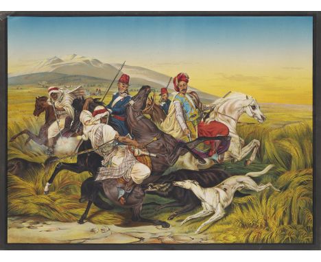 Horace Vernet (nach). La chasse aux sangliers dans la plaine de Sahara. Farblithographie auf Velin. Mit typographischer Angab