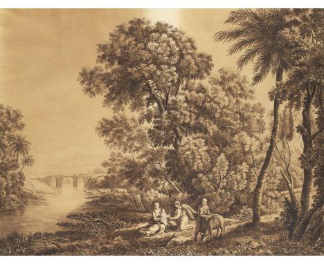 Genre - - Die Ruhe auf der Flucht nach Ägypten.  2. Hälfte 19. Jh. In Sepia lavierte Aquarellzeichnung über Bleistift. 43,5 x
